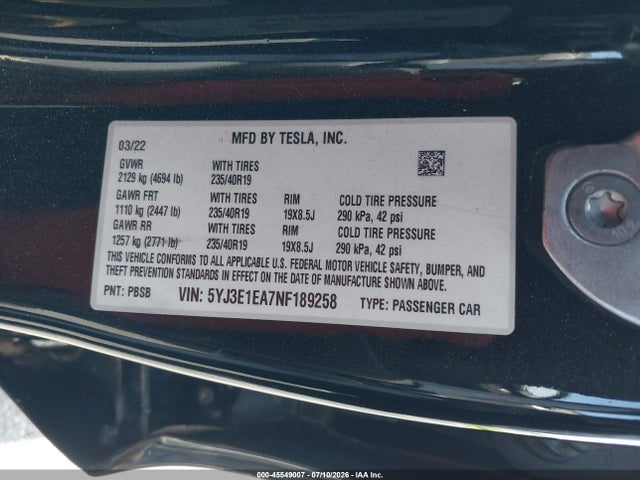 Tesla Model 3 Rear-wheel Drive 2022 5YJ3E1EA7NF189258 Image 9