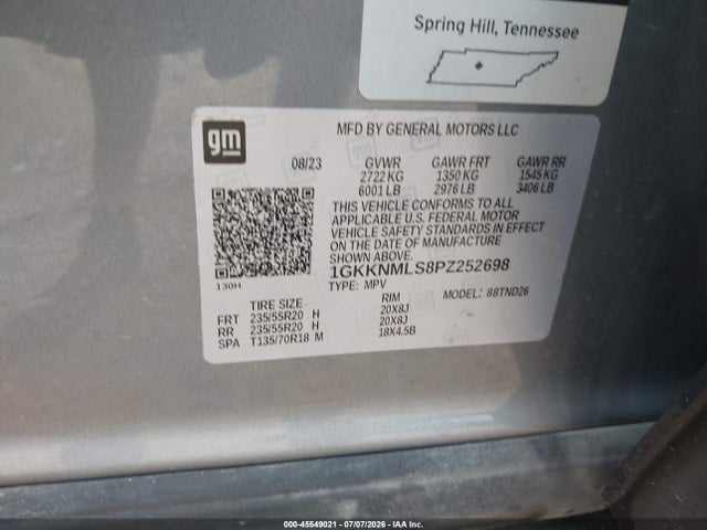 45549021 :رقم المزاد ، 1GKKNMLS8PZ252698 vin ، 2023 Gmc Acadia Fwd Slt مزاد بيع