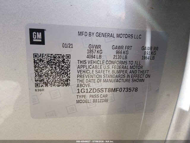 1G1ZD5ST8MF073578 Chevrolet Malibu Fwd Lt