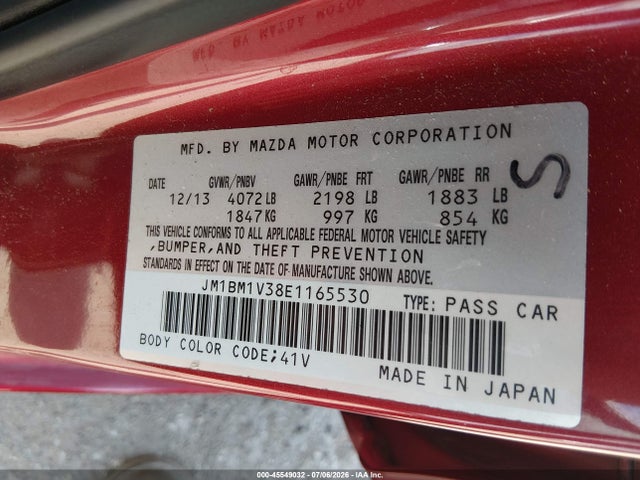 2014 Mazda Mazda3 S Touring მანქანა იყიდება აუქციონზე, vin: JM1BM1V38E1165530, აუქციონის ნომერი: 45549032