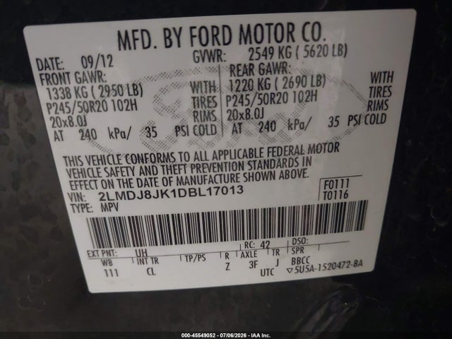 Aukcja sprzedaży 2013 Lincoln Mkx, vin: 2LMDJ8JK1DBL17013, numer aukcji: 45549052