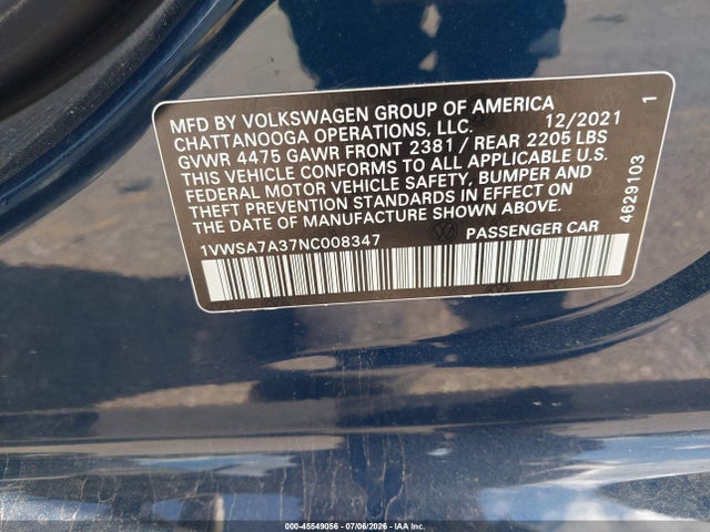 2022 Volkswagen Passat 2.0t Se მანქანა იყიდება აუქციონზე, vin: 1VWSA7A37NC008347, აუქციონის ნომერი: 45549056