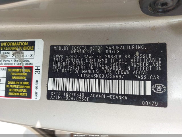 Продаж на аукціоні авто 2009 Toyota Camry Le, vin: 4T1BE46K09U359697, номер лоту: 45549061