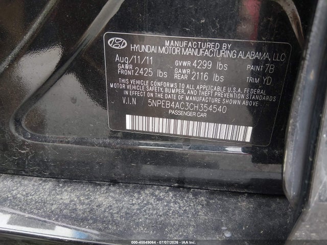 Продаж на аукціоні авто 2012 Hyundai Sonata Gls, vin: 5NPEB4AC3CH354540, номер лоту: 45549064