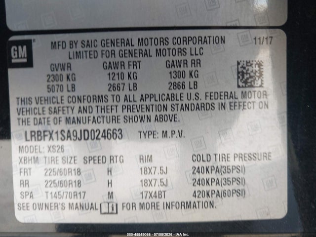 45549066 :رقم المزاد ، LRBFX1SA9JD024663 vin ، 2018 Buick Envision Essence مزاد بيع