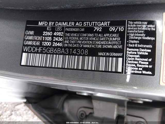 2011 Mercedes-benz E 350 მანქანა იყიდება აუქციონზე, vin: WDDHF5GB6BA314308, აუქციონის ნომერი: 45549084