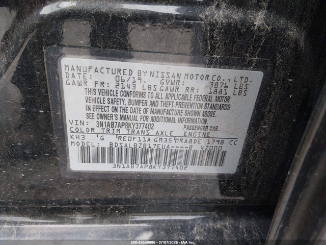 Aukcja sprzedaży 2019 Nissan Sentra S, vin: 3N1AB7AP8KY377402, numer aukcji: 45549086