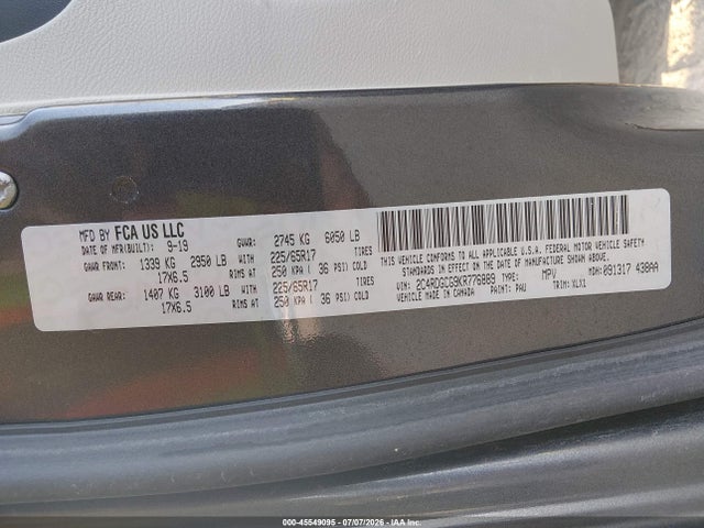 45549095 :رقم المزاد ، 2C4RDGCG9KR776889 vin ، 2019 Dodge Grand Caravan Sxt مزاد بيع