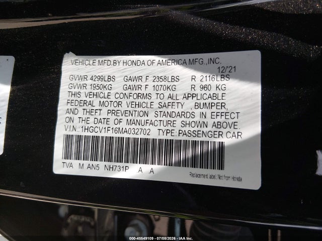 2021 Honda Accord Lx მანქანა იყიდება აუქციონზე, vin: 1HGCV1F16MA032702, აუქციონის ნომერი: 45549109