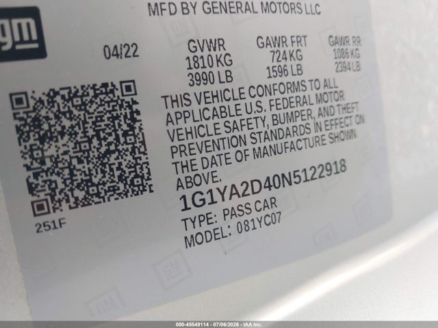 1G1YA2D40N5122918 Chevrolet Corvette Stingray Rwd 1lt