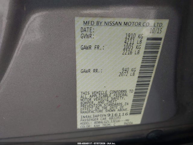 1N4AL3AP3FN916116 Nissan Altima 2.5 S