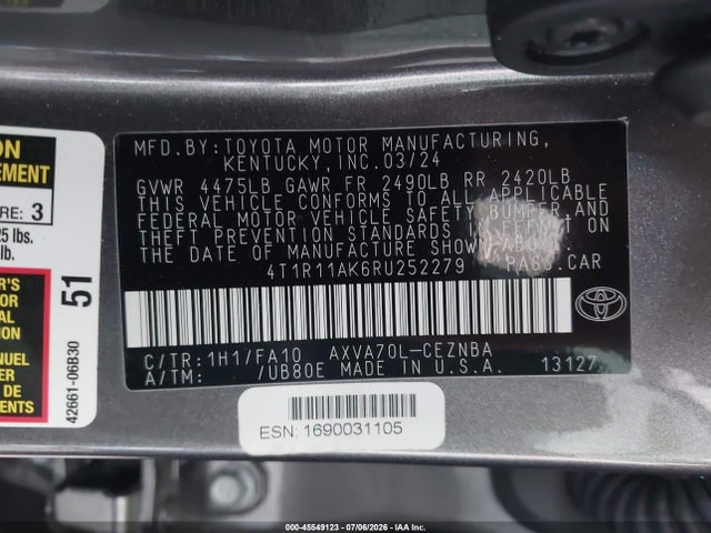 Продаж на аукціоні авто 2024 Toyota Camry Le, vin: 4T1R11AK6RU252279, номер лоту: 45549123