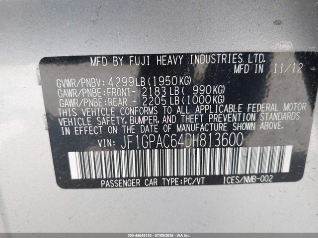 45549130 :رقم المزاد ، JF1GPAC64DH813600 vin ، 2013 Subaru Impreza 2.0i Premium مزاد بيع