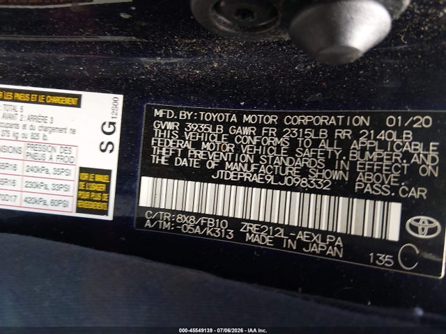 2020 Toyota Corolla Le მანქანა იყიდება აუქციონზე, vin: JTDEPRAE9LJ098332, აუქციონის ნომერი: 45549139
