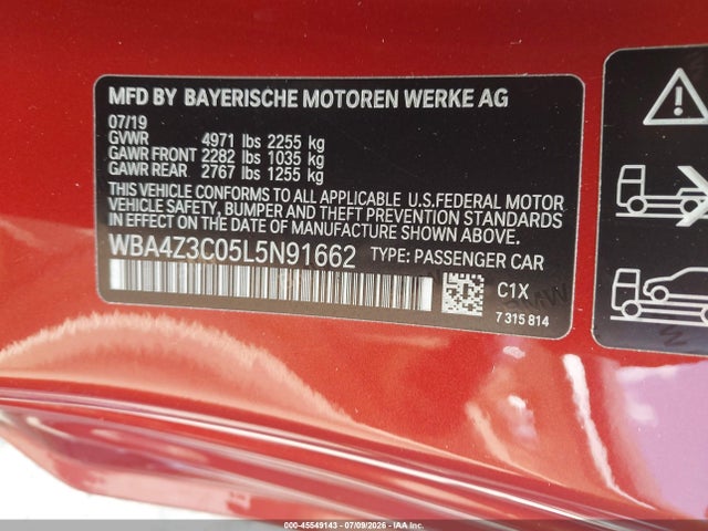 45549143 :رقم المزاد ، WBA4Z3C05L5N91662 vin ، 2020 Bmw 430i Xdrive مزاد بيع
