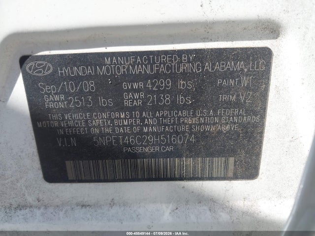 45549144 :رقم المزاد ، 5NPET46C29H516074 vin ، 2009 Hyundai Sonata Gls مزاد بيع