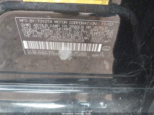 Aukcja sprzedaży 2008 Lexus Gs 350, vin: JTHCE96SX80015028, numer aukcji: 45549154