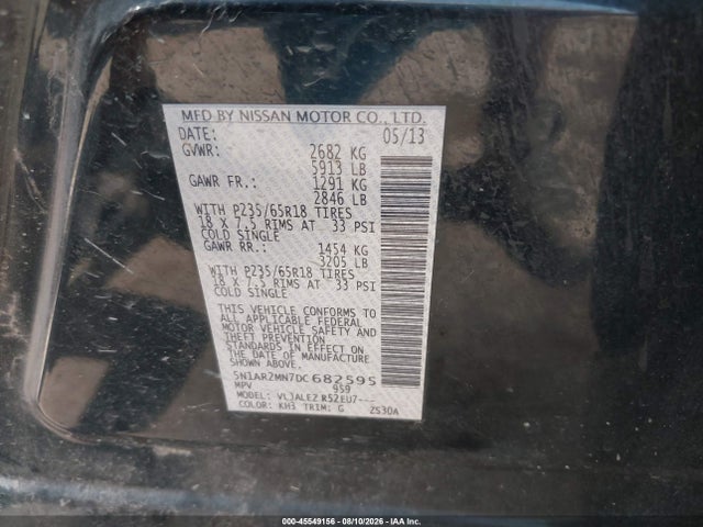 45549156 :رقم المزاد ، 5N1AR2MN7DC682595 vin ، 2013 Nissan Pathfinder Sv مزاد بيع