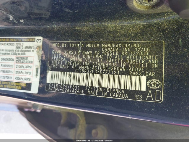 Продаж на аукціоні авто 2007 Toyota Corolla Le, vin: 2T1BR32E37C777121, номер лоту: 45549186