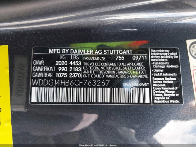 Aukcja sprzedaży 2012 Mercedes-benz C 250, vin: WDDGJ4HB6CF763267, numer aukcji: 45549197