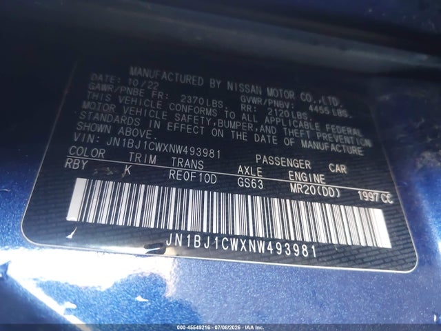 2022 Nissan Rogue Sport Sl Awd Xtronic Cvt მანქანა იყიდება აუქციონზე, vin: JN1BJ1CWXNW493981, აუქციონის ნომერი: 45549216