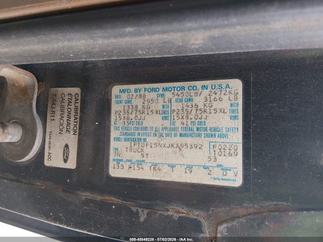 45549228 :رقم المزاد ، 1FTDF15NXJKA95392 vin ، 1988 Ford F150 مزاد بيع