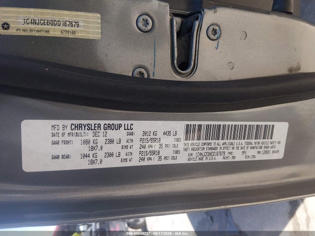 2013 Jeep Compass Latitude მანქანა იყიდება აუქციონზე, vin: 1C4NJCEB0DD167679, აუქციონის ნომერი: 45549237