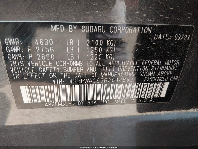 Aukcja sprzedaży 2024 Subaru Legacy Premium, vin: 4S3BWAC66R3014669, numer aukcji: 45549239