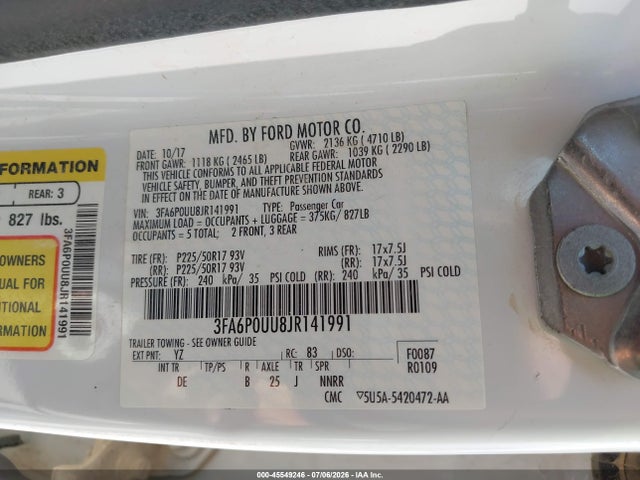 3FA6P0UU8JR141991 Ford Fusion Hybrid S
