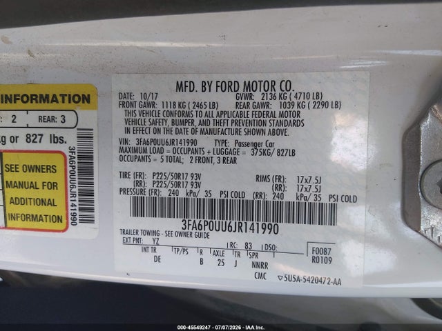 Ford Fusion Hybrid S 2018 3FA6P0UU6JR141990 Image 9