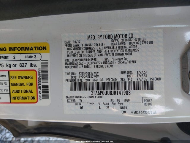 3FA6P0UU8JR141988 Ford Fusion Hybrid S