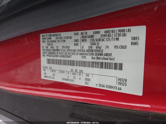 1FBZX2ZM1JKB52867 Ford Transit-350 Xl/xlt