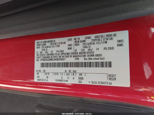 1FBZX2ZM5JKB53021 Ford Transit-350 Xl/xlt