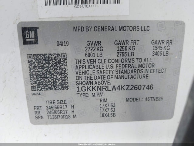 GMC Acadia Sle-1 2019 1GKKNRLA4KZ260746 Image 9