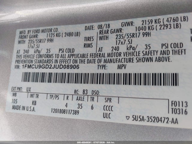 1FMCU9GD2JUD08906 Ford ESCAPE SE
