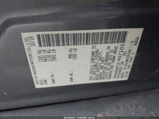 Aukcja sprzedaży 2018 Nissan Maxima 3.5 Platinum, vin: 1N4AA6AP1JC407105, numer aukcji: 45549271