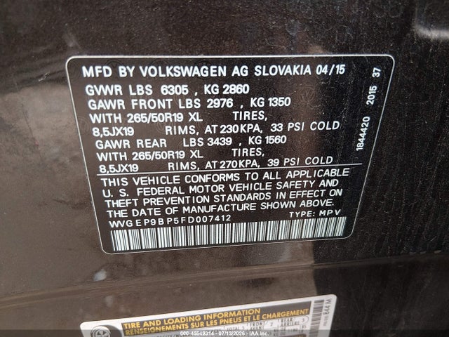 Продаж на аукціоні авто 2015 Volkswagen Touareg Tdi Lux, vin: WVGEP9BP5FD007412, номер лоту: 45549314