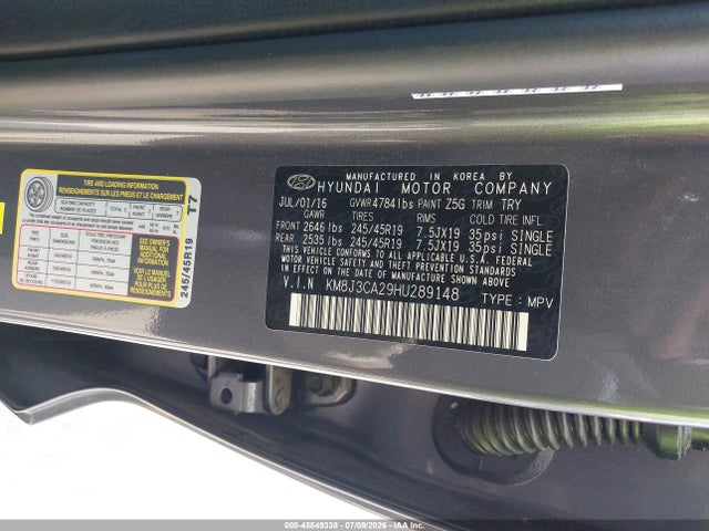 45549338 :رقم المزاد ، KM8J3CA29HU289148 vin ، 2017 Hyundai Tucson Limited مزاد بيع
