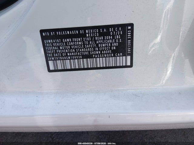 2025 Volkswagen Jetta 1.5t Se მანქანა იყიდება აუქციონზე, vin: 3VW7X7BU8SM106938, აუქციონის ნომერი: 45549339