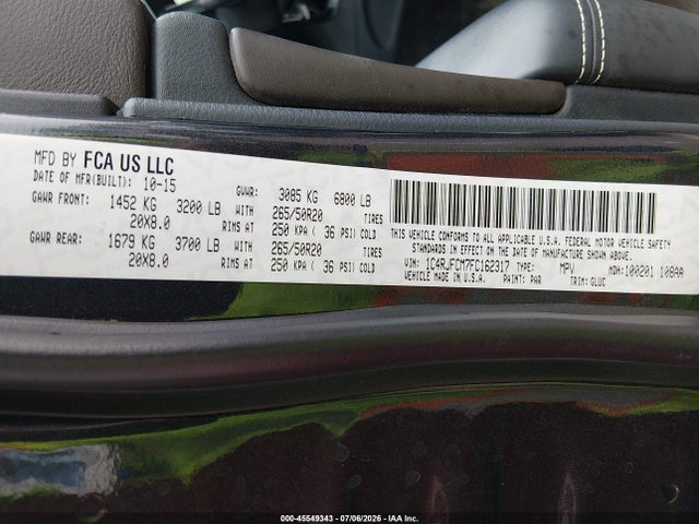 Продажа на аукционе авто 2015 Jeep Grand Cherokee Overland, vin: 1C4RJFCM7FC162317, номер лота: 45549343