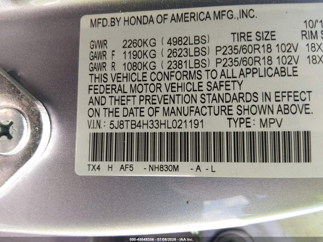45549356 :رقم المزاد ، 5J8TB4H33HL021191 vin ، 2017 Acura Rdx Acurawatch Plus Package مزاد بيع