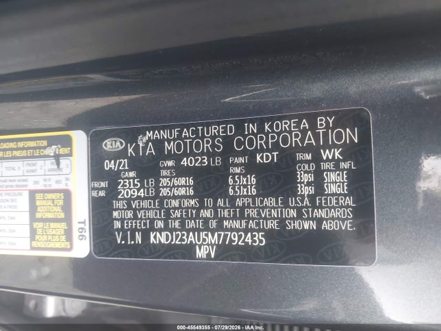 Aukcja sprzedaży 2021 Kia Soul Lx, vin: KNDJ23AU5M7792435, numer aukcji: 45549355