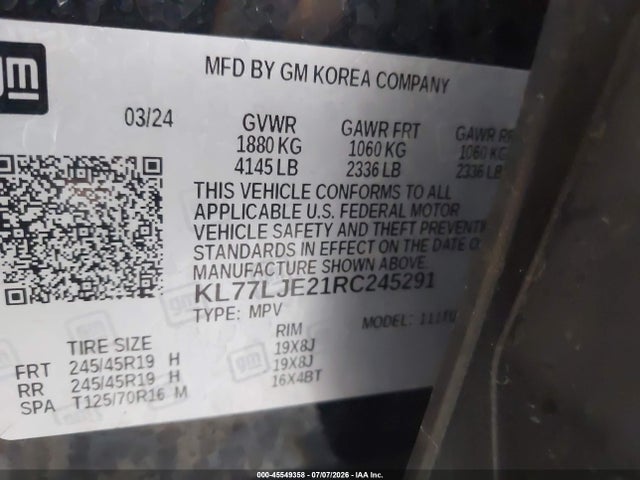 Aukcja sprzedaży 2024 Chevrolet Trax Fwd 2rs, vin: KL77LJE21RC245291, numer aukcji: 45549358