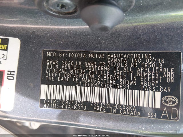 45549373 :رقم المزاد ، 2T1BURHEXGC616631 vin ، 2016 Toyota Corolla S Plus مزاد بيع