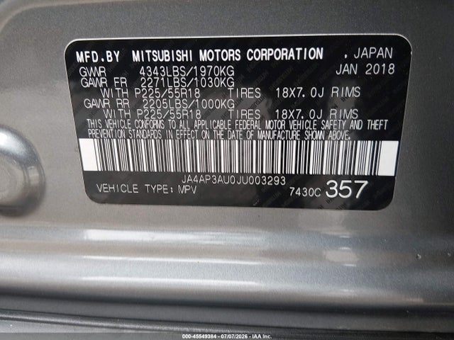 Aukcja sprzedaży 2018 Mitsubishi Outlander Sport 2.0 Le, vin: JA4AP3AU0JU003293, numer aukcji: 45549384