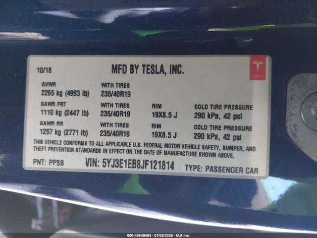 Продажа на аукционе авто 2018 Tesla Model 3 Long Range/performance, vin: 5YJ3E1EB8JF121814, номер лота: 45549404