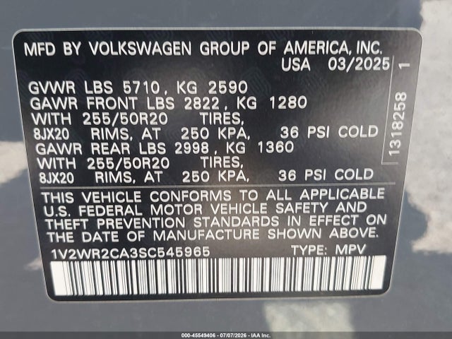 2025 Volkswagen Atlas 2.0t Se W/technology მანქანა იყიდება აუქციონზე, vin: 1V2WR2CA3SC545965, აუქციონის ნომერი: 45549406
