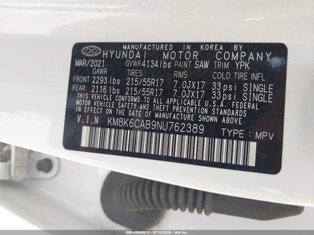 45549410 :رقم المزاد ، KM8K6CAB9NU762389 vin ، 2022 Hyundai Kona Sel مزاد بيع