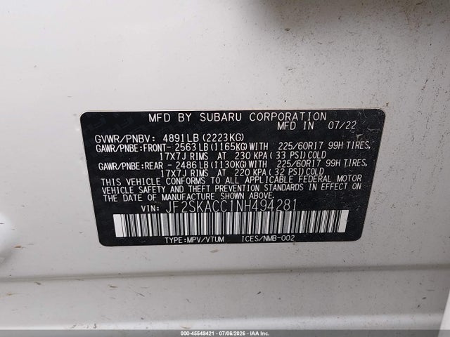 45549421 :رقم المزاد ، JF2SKACC1NH494281 vin ، 2022 Subaru Forester مزاد بيع