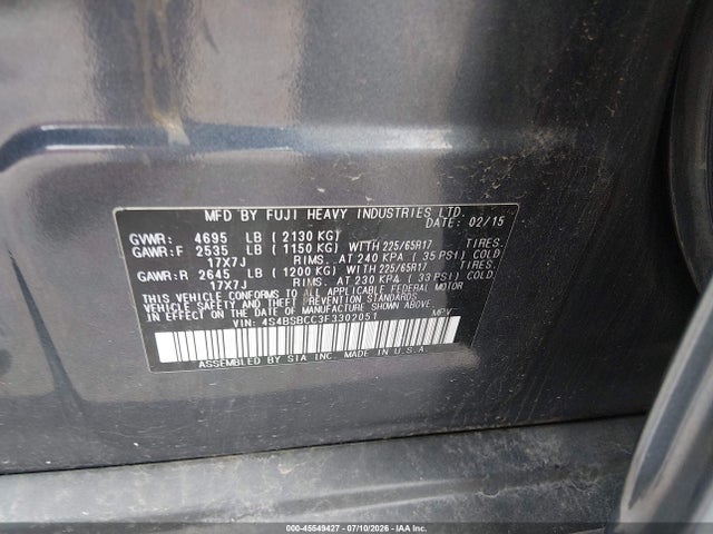 45549427 :رقم المزاد ، 4S4BSBCC3F3302051 vin ، 2015 Subaru Outback 2.5i Premium مزاد بيع